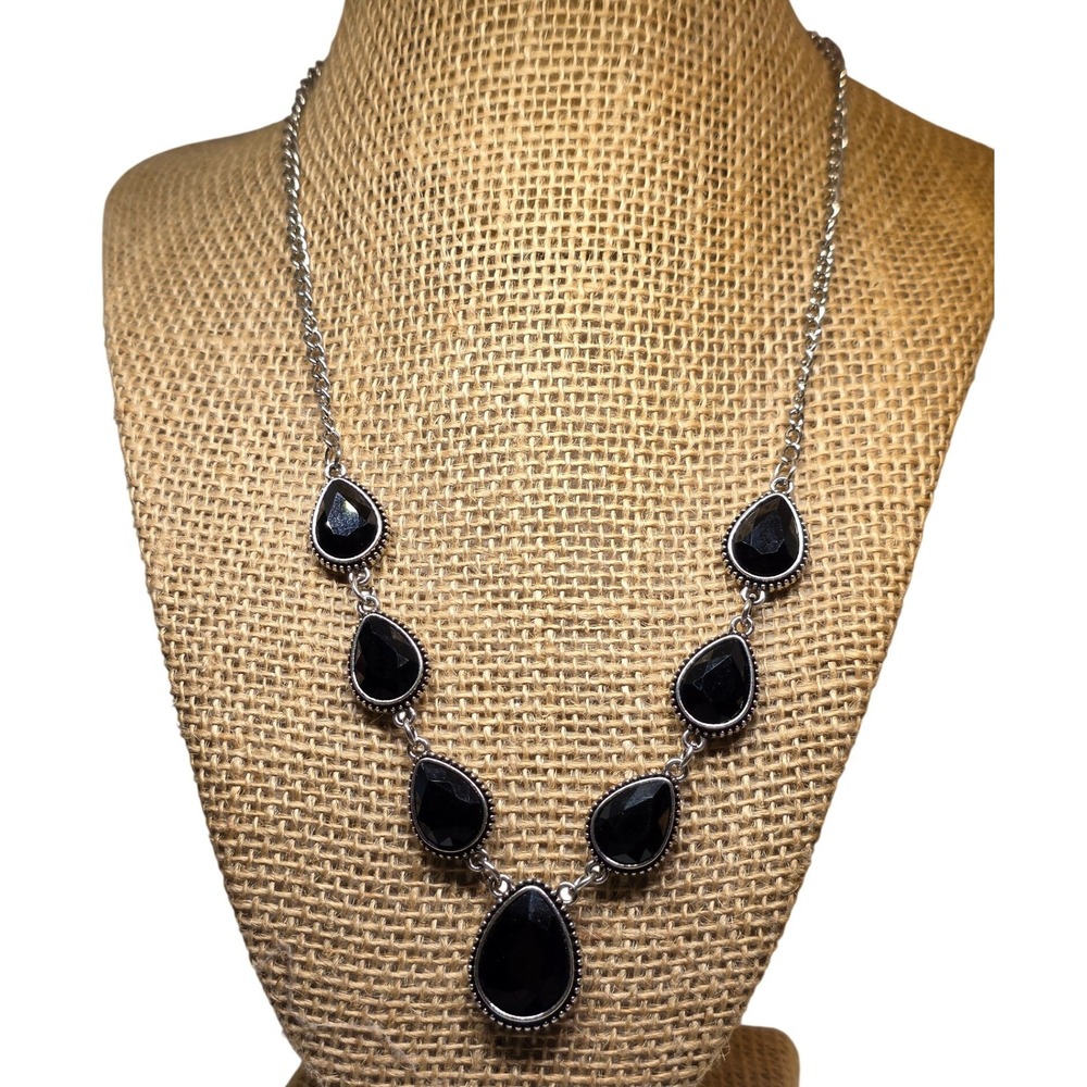 Black Silver Tone Teardrop Black Gem Statement Necklace Women Fashion Jewelry